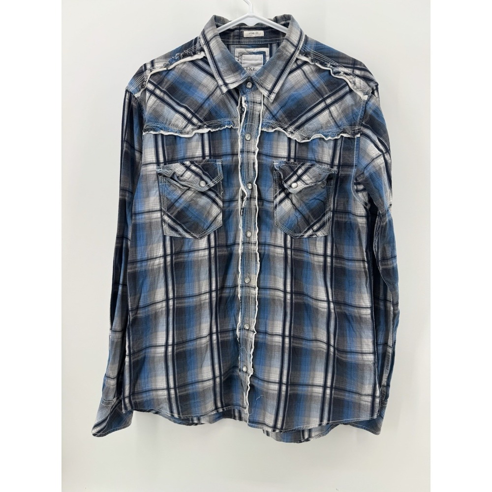 BKE Slim Fit Western Pearl‎ Snap Shirt Mens Size Large Blue Plaid Long Sleeve